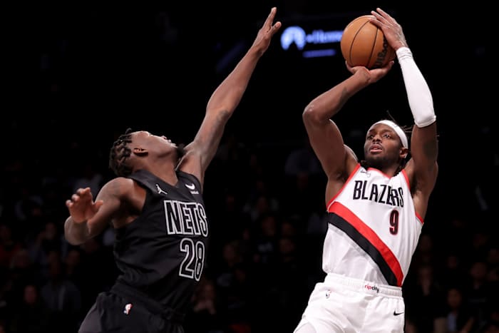 Portland Trail Blazers forward Jerami Grant (9) takes a shot against Brooklyn Nets forward Dorian Finney-Smith (28)